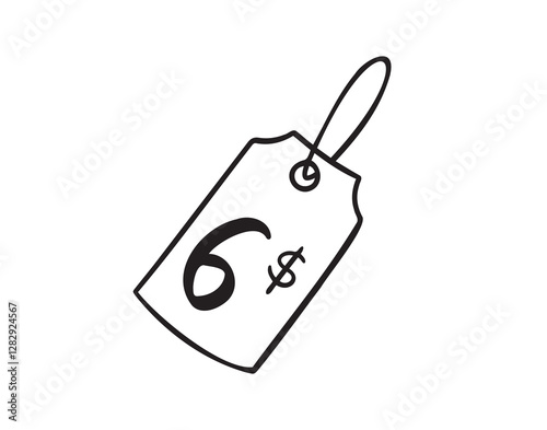 6 dollars price tag doodle hand drawn icon. Outline drawing six dollars price tag line clipart symbol. Isolated price tag