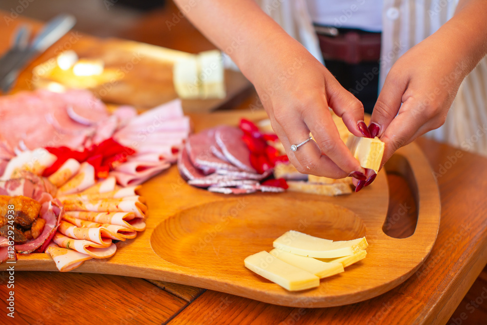 Obraz premium Preparing Cheese for Serving Platter