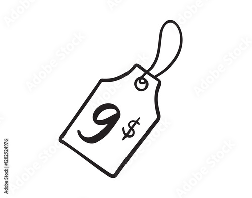 9 dollars price tag doodle hand drawn icon. Outline drawing nine dollars price tag line clipart symbol. Isolated price tag