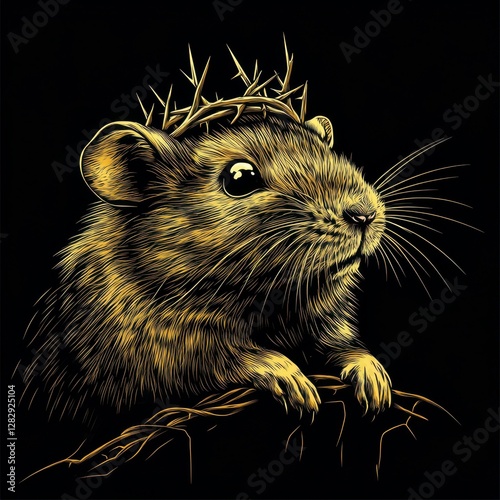 Rodent Royalty A Golden Mouse with Crown of Thorns an Engraved Illustration of a Little King photo