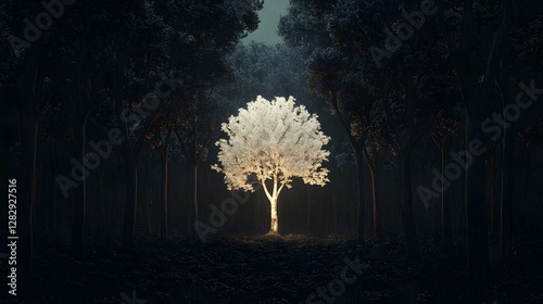 Glowing White Tree in a Dark Forest. Mysterious Nighttime Scene