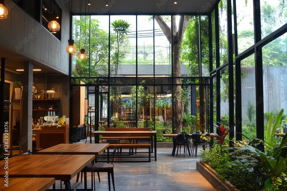 Fototapeta premium Trendy co-working space, sleek metal and wood desks, large glass walls, greenery creating a refreshing atmosphere, cinematic perspective