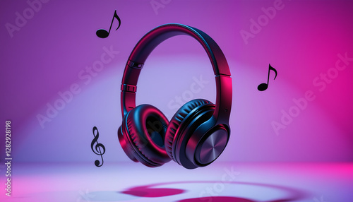 Floating black headphones with music notes on a pink-lit background