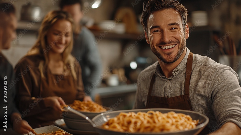 friends laughing and sharing a delicious pasta dinner in a warm kitchen celebrating food friendship and togetherness in a relaxed home setting friends laughing and sharing a delicious pasta dinner in a warm kitchen celebrating food friendship and togetherness in a relaxed home setting