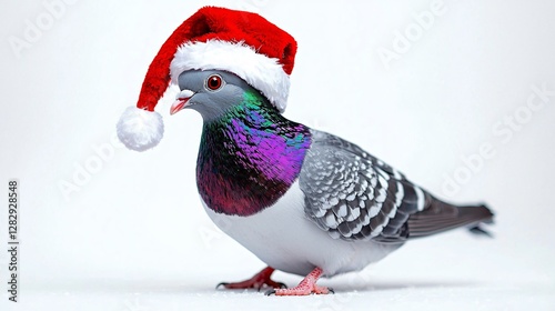 Festive pigeon in Santa hat for holiday greetings & marketing. Whimsical bird with copy space perfect for Christmas, New Year cards, social media & fun designs.