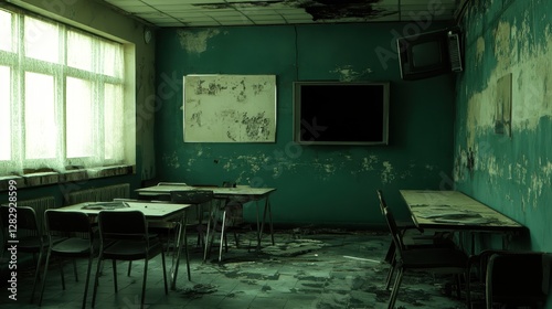 Abandoned Classroom With Damaged Walls And Furniture