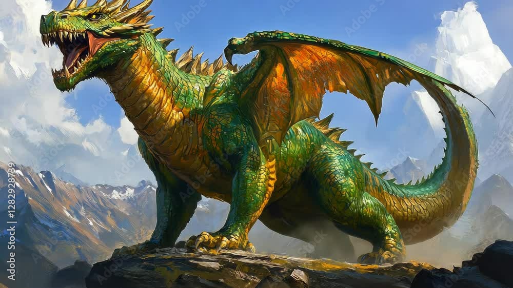 Majestic green dragon perched on a rocky ledge against a mountain backdrop