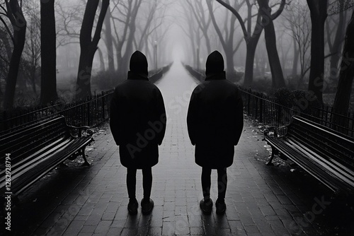 Two hooded figures stand back to back in a foggy park.