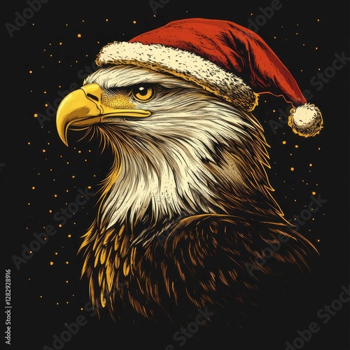 Christmas Bald Eagle Portrait in Santa Hat Festive Holiday Season Wildlife Art with Dark Background