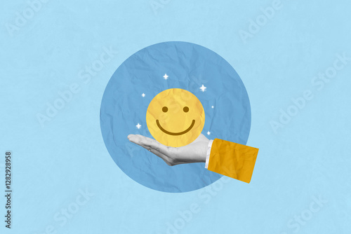 Creative art collage of service rating, satisfaction and positive feedback. A man hlod smile face emoticon for rating indicates the highest level of satisfaction with the service
