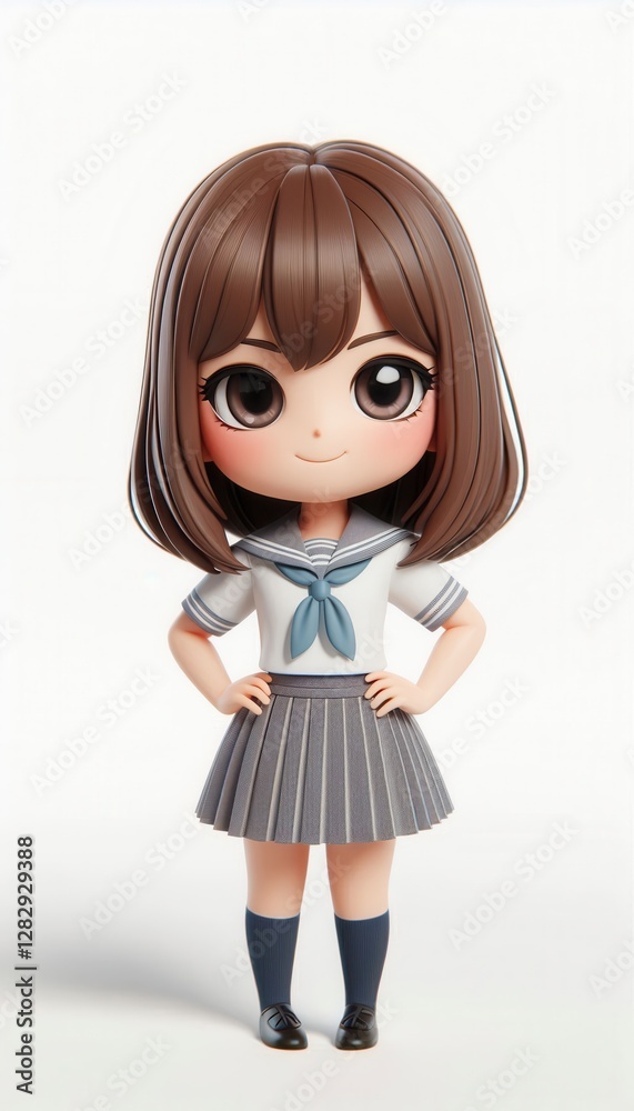 Charming kawaii doll character in school uniform studio setting 3d model whimsical art Charming kawaii doll character in school uniform studio setting 3d model whimsical art