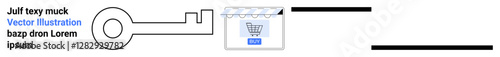 Key locking into e-commerce storefront emphasizing digital security. Ideal for online shopping, cyber protection, data privacy, retail business, technology solutions, financial transactions, flat