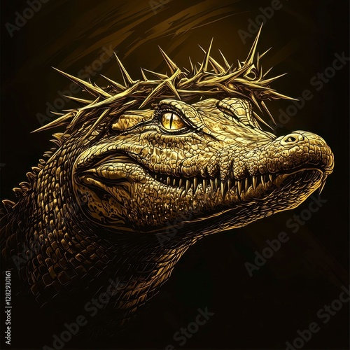 Golden Crocodile Portrait Adorned With A Crown Of Thorns Artistic Religious Symbolism Reptilian Majesty photo