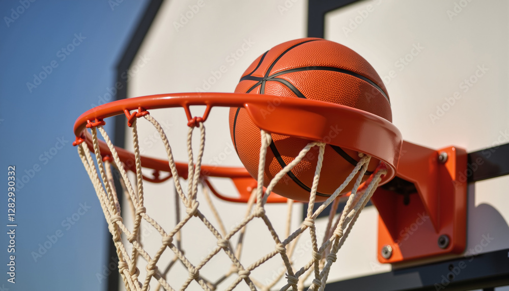Close-up of basketball on hoop in bright sunlight Close-up of basketball on hoop in bright sunlight
