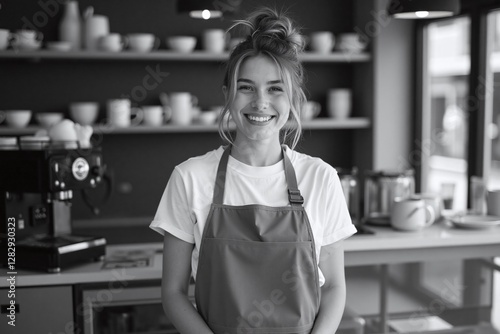 Young woman grey apron white t shirt coffee shop counter items