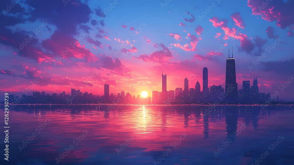 A serene anime-style portrayal of Chicago at dusk, the skyline glowing softly against a dreamy sunset sky, perfect reflections on the smooth surface of Lake Michigan, tranquil and visually stunning. A serene anime-style portrayal of Chicago at dusk, the skyline glowing softly against a dreamy sunset sky, perfect reflections on the smooth surface of Lake Michigan, tranquil and visually stunning.