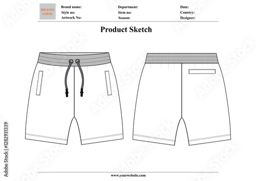 Sweat shorts pant technical drawing  with clothing tech pack details vector illustration 