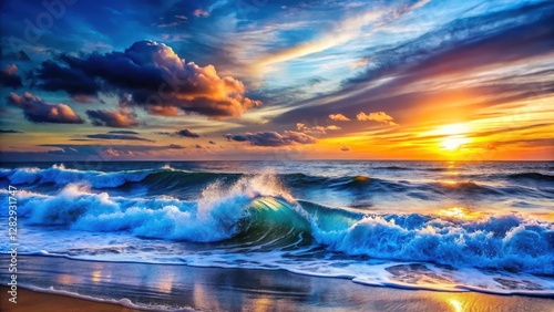 Deep blue ocean waves crashing against the shore at sunset, evening atmosphere