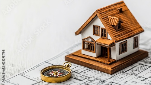 Miniature House Model and Compass on Blueprint