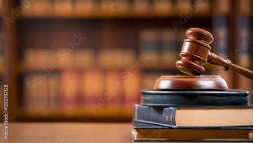 Wooden gavel rests on stack of law books on table. Legal framework update concept. Modern challenges require policy updates, new legal measures. Books signify updated legal provisions.