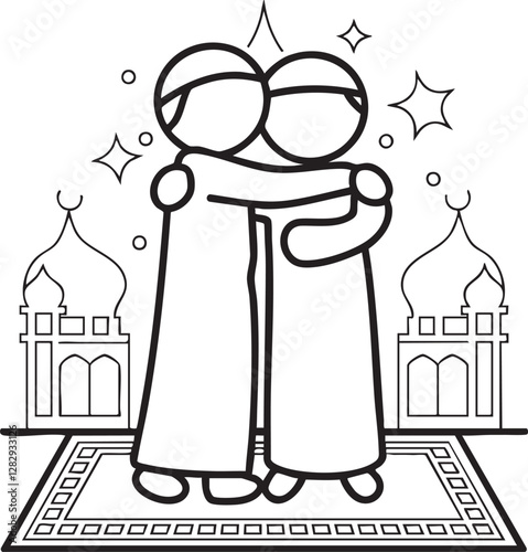 two stick man ouline hugging after Eid prayers,vector illustration