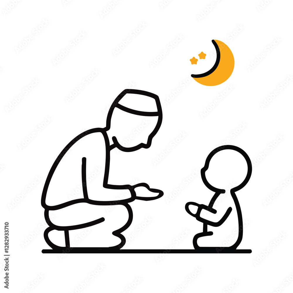 stick Father outline showing son the Eid moon,vector illustration,white BG,icon type