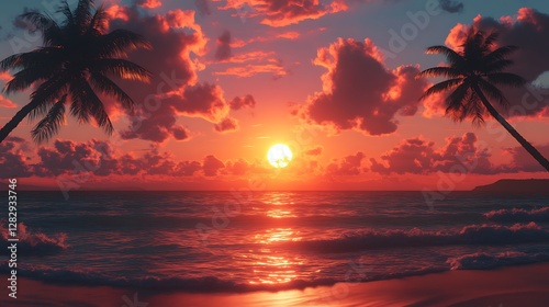 A tranquil anime sunset on Waikiki Beach, glowing sun casting golden light over soft ocean waves, palm trees gently swaying in the breeze, vibrant warm tones blending into a serene composition.