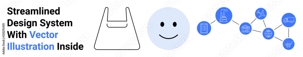 Fototapeta premium happy face beside shopping bag outline, icons linked in a network. Ideal for e-commerce, retail systems, customer feedback, tech integration, digital solutions, communication, flat landing page