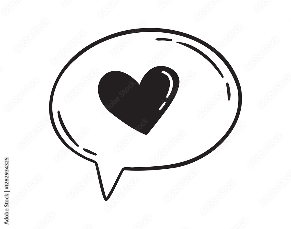 Speech bubble with a heart hand drawn line doodle style. Isolated love heart message. Speech bubble with a heart hand drawn line doodle style. Isolated love heart message.
