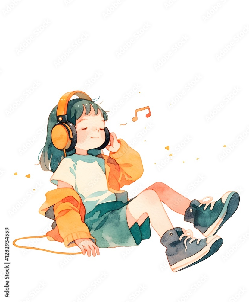 Fototapeta premium Cute little girl listening to a song on headset, Generative AI