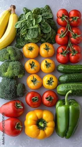 Assorted Colorful Fruits And Vegetables On Gray Background photo