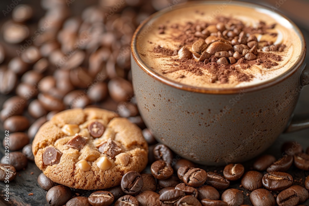 Beautiful latte art paired with a delicious cookie on a charming caf table setting. Beautiful latte art paired with a delicious cookie on a charming caf table setting.
