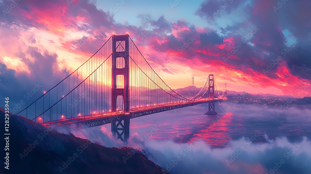 Fototapeta premium Golden Gate Bridge in anime style, glowing softly under morning fog, sunlight peeking through to reveal vibrant red tones, gentle water reflections and misty textures enhancing the dreamlike quality.