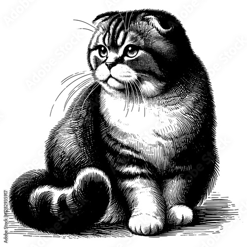 Line art drawing of Scottish Fold cat's ink sketch kitten vector hand drawn illustration background