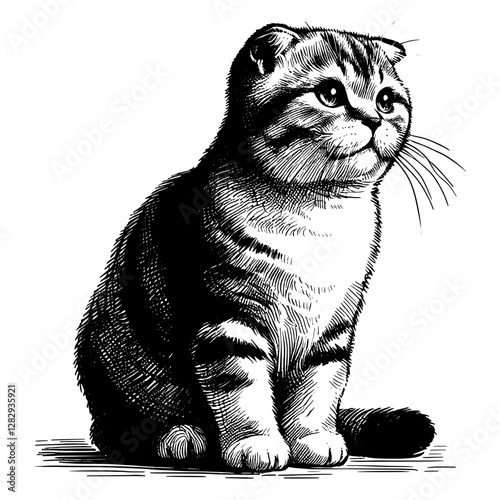 Line art drawing of Scottish Fold cat's ink sketch kitten vector hand drawn illustration background
