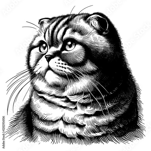 Line art drawing of Scottish Fold cat's ink sketch kitten vector hand drawn illustration background