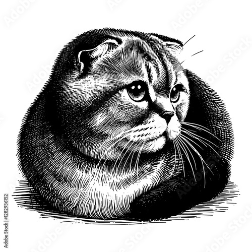 Line art drawing of Scottish Fold cat's ink sketch kitten vector hand drawn illustration background