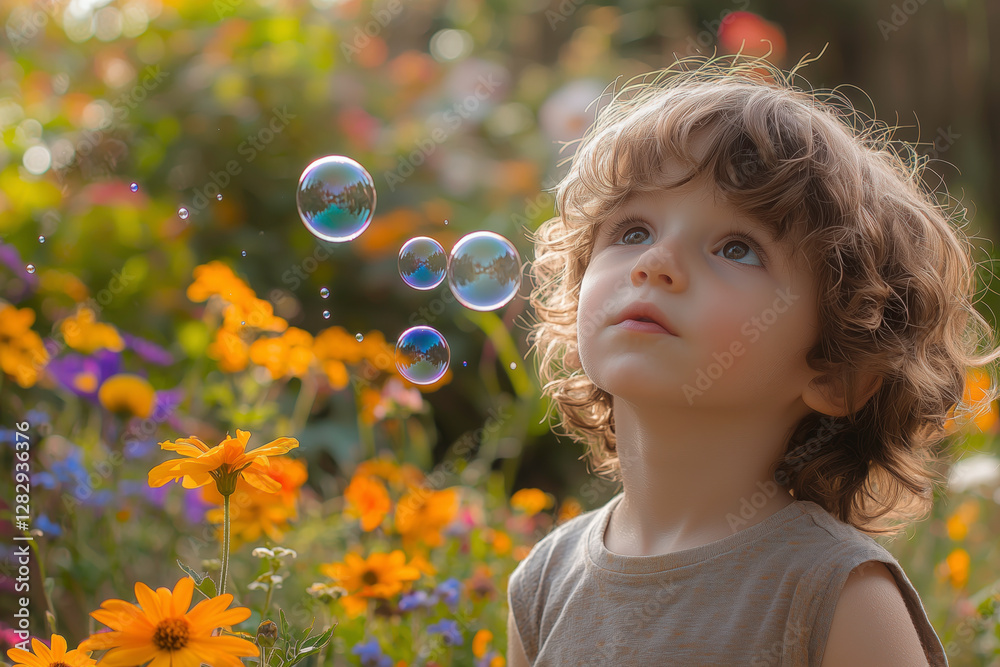 Child Mesmerized by Bubbles in a Flower Field Child Mesmerized by Bubbles in a Flower Field