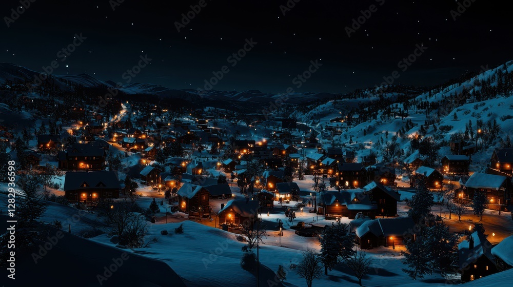 Fototapeta premium Snowy Mountain Village Illuminated At Night