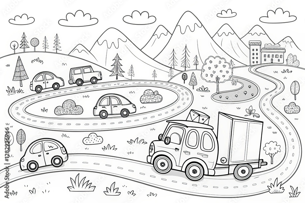 Fototapeta premium Outline for coloring, A whimsical black-and-white illustration of vehicles on a winding road through hills and trees.