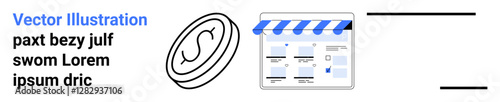 Shopping bag icon with dollar sign and storefront webpage beside lorem ipsum text block. Ideal for e-commerce, website design, online shopping, retail, digital storefront, marketing, user interface