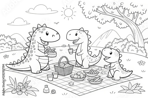 Outline for coloring, Three cartoon dinosaurs enjoy a picnic in a sunny park with food and a picnic basket.