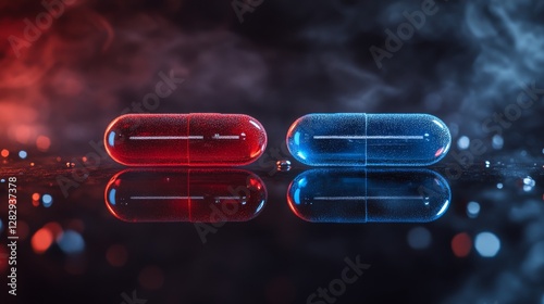 Red and blue capsules placed on a reflective surface with smoke in the background creating a dramatic effect