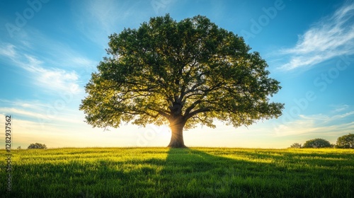 Wallpaper Mural Majestic tree standing alone in a vibrant green field during sunset Torontodigital.ca