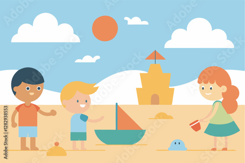 coloring page outline Beach, sand games. Yacht at sea. Children play on the beach, sand castle illustration 