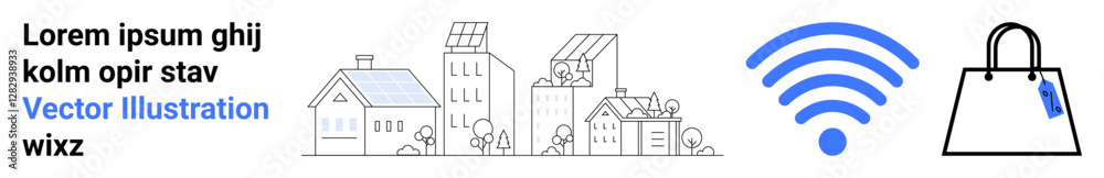 Outline of modern homes and eco-friendly buildings, blue wireless signal, shopping bag icon. Ideal for technology, urban development, connectivity, e-commerce, smart city, online shopping flat Outline of modern homes and eco-friendly buildings, blue wireless signal, shopping bag icon. Ideal for technology, urban development, connectivity, e-commerce, smart city, online shopping flat