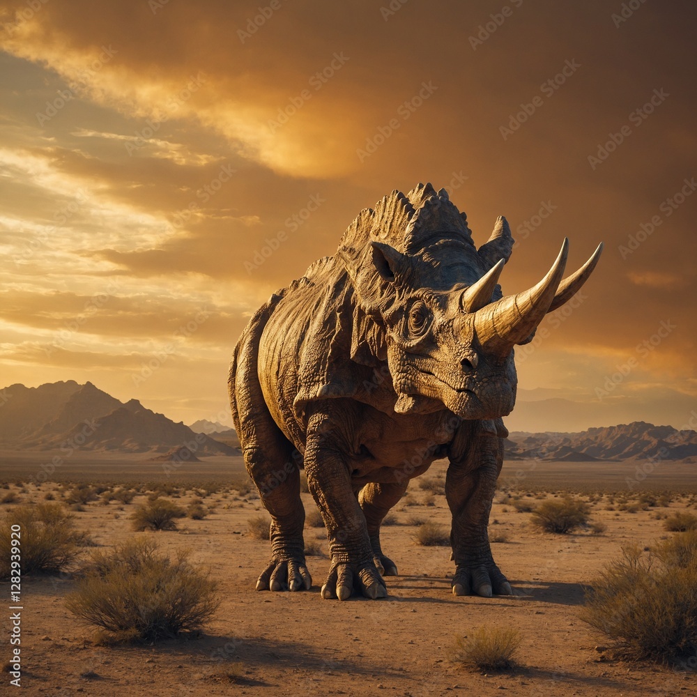 Fototapeta premium A colossal Triceratops standing in an open desert with a golden sky.