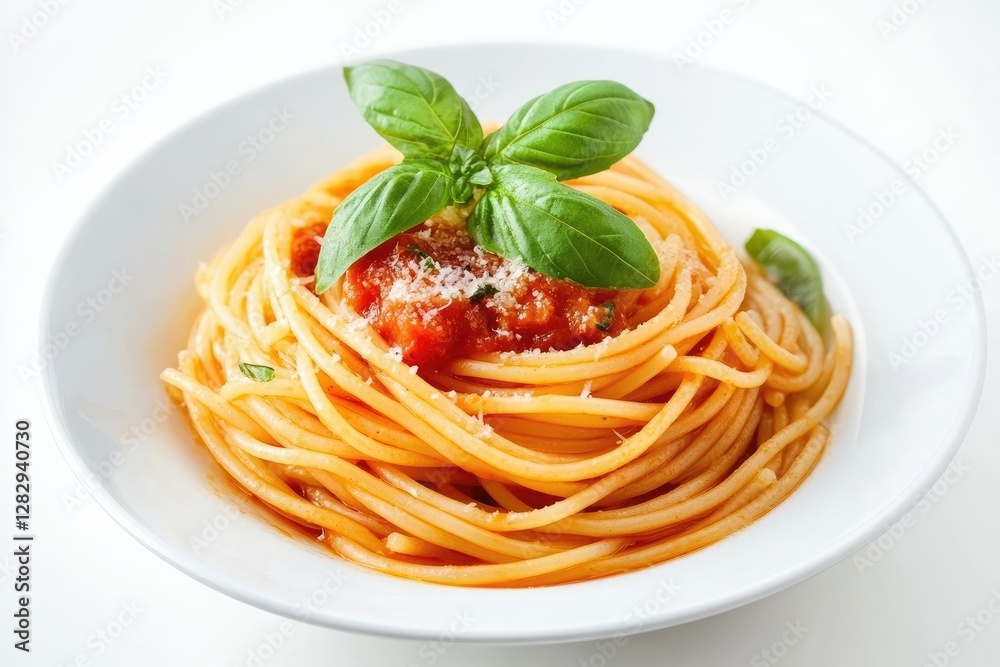 A Delicious Plate of Spaghetti with Tomato Sauce and Basil A Delicious Plate of Spaghetti with Tomato Sauce and Basil