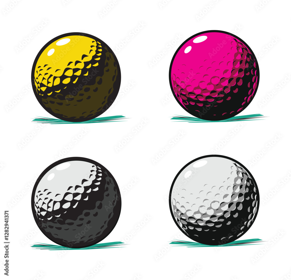 Four graphic icon logo symbols of golf balls in orange, pink, and white, representing male and female golf, with stylized grass and shadow in a modern vector style. Four graphic icon logo symbols of golf balls in orange, pink, and white, representing male and female golf, with stylized grass and shadow in a modern vector style.