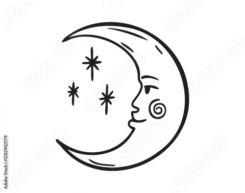 Moon face doodle element. Mystical cartoon whimsical boho style. Moon space cosmic line icon.
